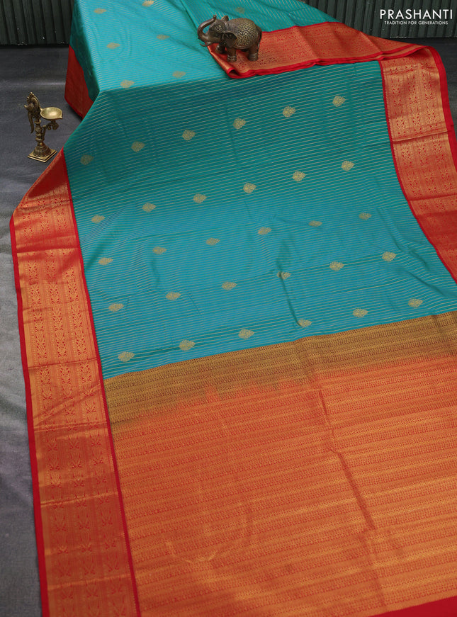 Semi kanchipuram silk saree teal blue and red with allover zari stripes pattern & buttas and zari woven korvai border