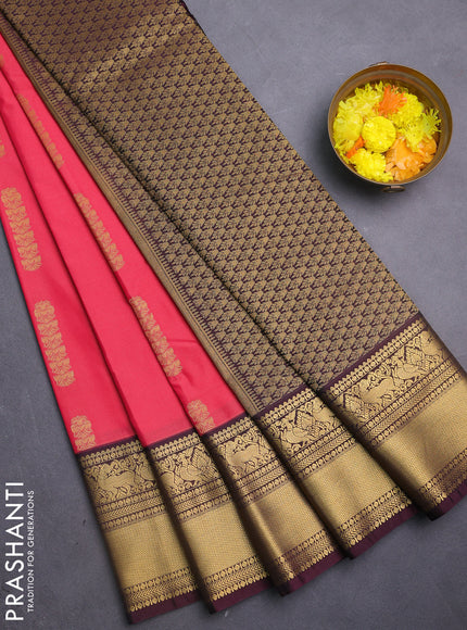 Semi kanchipuram silk saree pink and wine shade with zari woven buttas and rich zari woven border