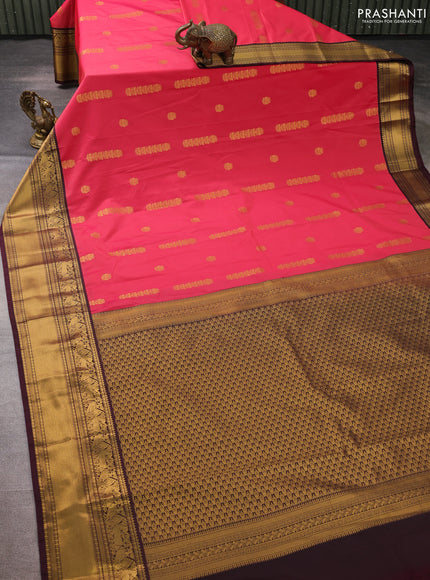 Semi kanchipuram silk saree pink and wine shade with zari woven buttas and rich zari woven border