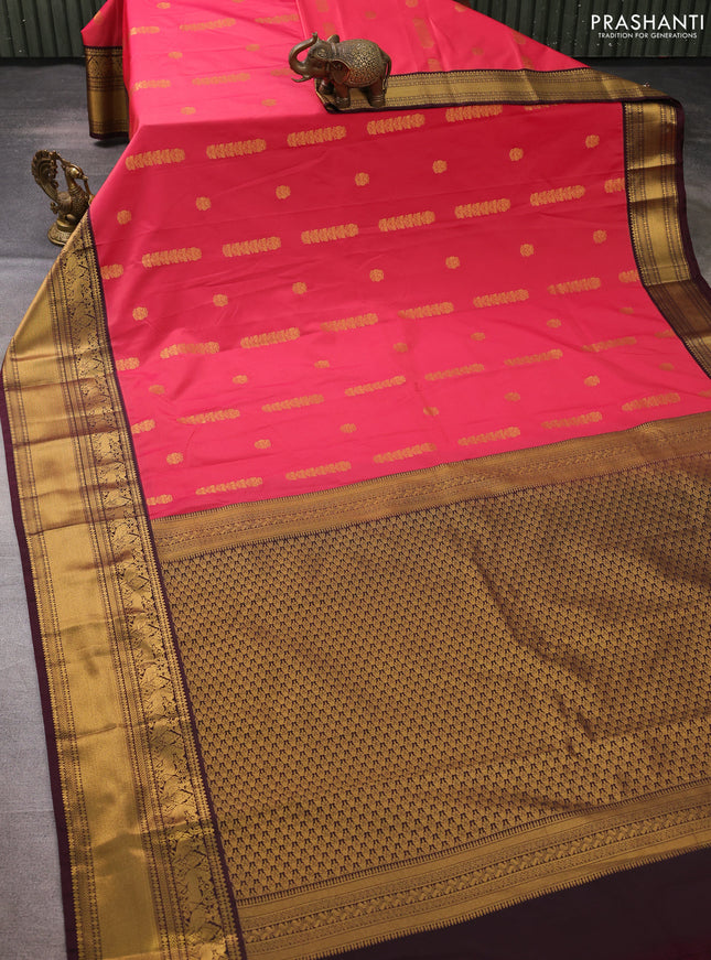 Semi kanchipuram silk saree pink and wine shade with zari woven buttas and rich zari woven border