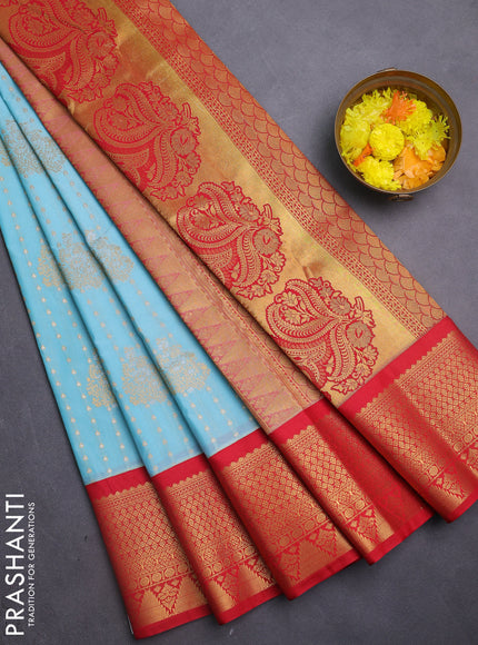 Semi kanchipuram silk saree teal blue and red with allover silver & zari woven buttas and temple zari woven korvai border