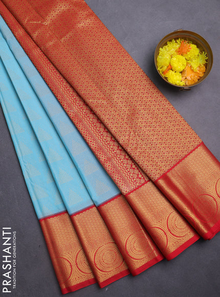 Semi kanchipuram silk saree teal blue and red with allover zari woven buttas and zari woven korvai border