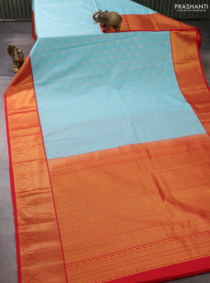 Semi kanchipuram silk saree teal blue and red with allover zari woven buttas and zari woven korvai border
