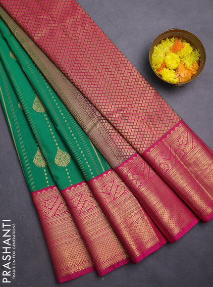 Semi kanchipuram silk saree green and pink with allover zari weaves & buttas and long zari woven border