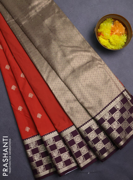 Semi kanchipuram silk saree rustic orange and wine shade with zari woven buttas and zari woven korvai border