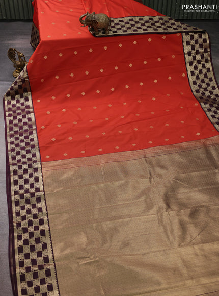 Semi kanchipuram silk saree rustic orange and wine shade with zari woven buttas and zari woven korvai border