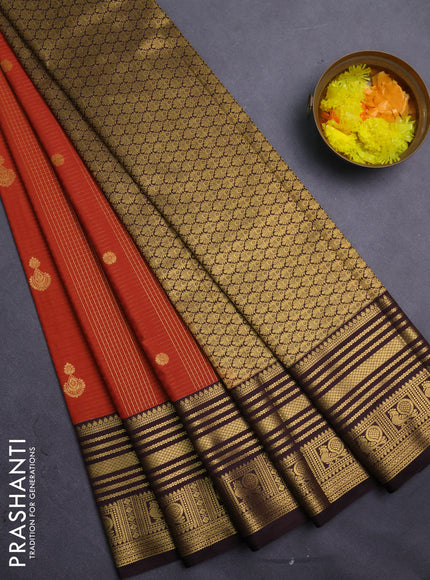 Semi kanchipuram silk saree rustic orange and coffee brown with allover zari checks & buttas and zari woven korvai border
