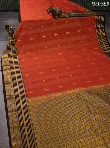 Semi kanchipuram silk saree rustic orange and coffee brown with allover zari checks & buttas and zari woven korvai border