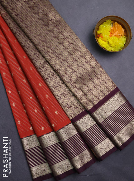 Semi kanchipuram silk saree rust shade and wine shade with allover zari weaves & buttas and temple design rettapet zari woven border