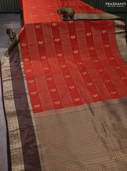 Semi kanchipuram silk saree rustic orange and coffee brown with allover zari weaves & buttas and long zari woven border
