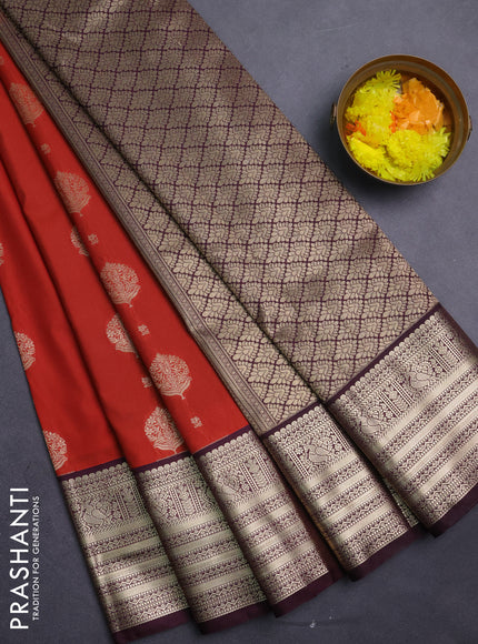 Semi kanchipuram silk saree rustic orange and coffee brown with zari woven stripes pattern and zari woven korvai border