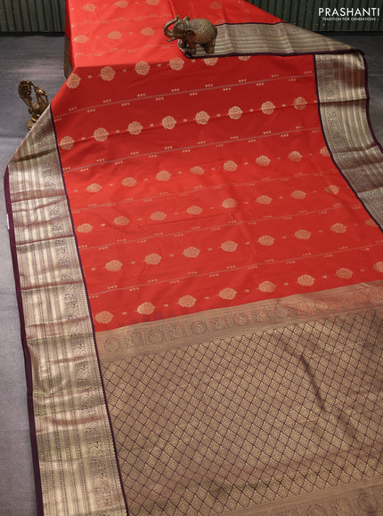 Semi kanchipuram silk saree rustic orange and coffee brown with zari woven stripes pattern and zari woven korvai border