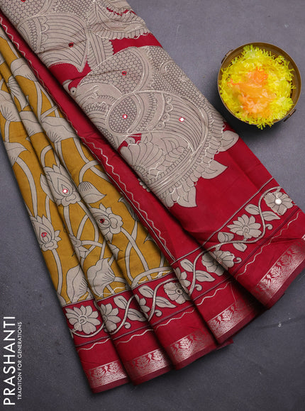 Semi maheshwari cotton saree mustard yellow and maroon with allover prints & mirror work and zari woven embroidery work