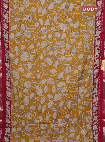 Semi maheshwari cotton saree mustard yellow and maroon with allover prints & mirror work and zari woven embroidery work