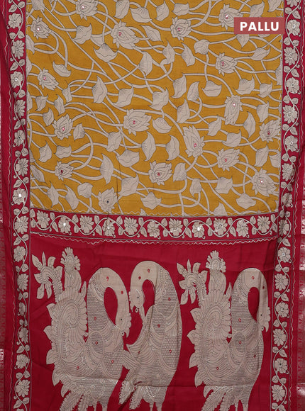 Semi maheshwari cotton saree mustard yellow and maroon with allover prints & mirror work and zari woven embroidery work
