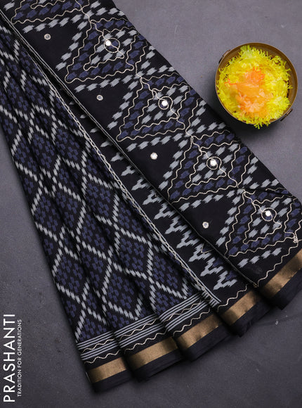 Semi maheshwari cotton saree black with allover ikat woven mirror work and zari woven embroidery work