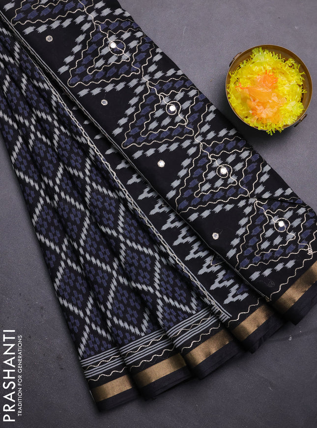 Semi maheshwari cotton saree black with allover ikat woven mirror work and zari woven embroidery work