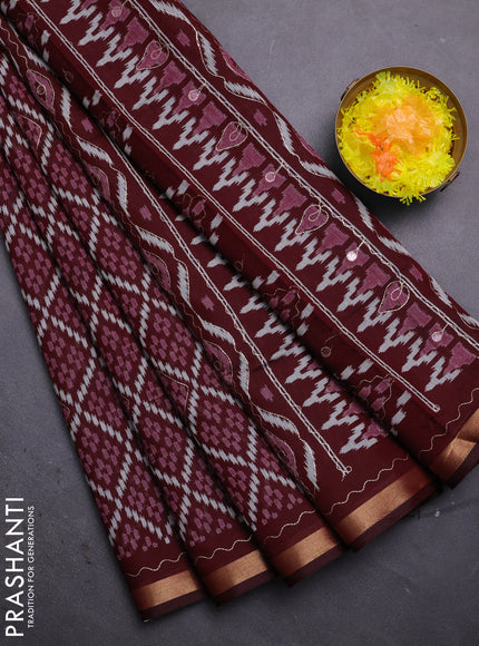 Semi maheshwari cotton saree deep maroon with allover ikat woven mirror work and zari woven embroidery work