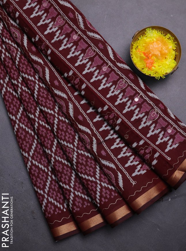 Semi maheshwari cotton saree deep maroon with allover ikat woven mirror work and zari woven embroidery work