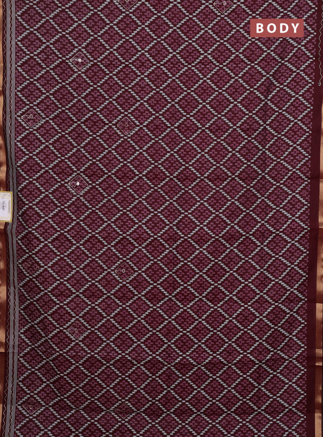 Semi maheshwari cotton saree deep maroon with allover ikat woven mirror work and zari woven embroidery work