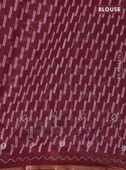 Semi maheshwari cotton saree deep maroon with allover ikat woven mirror work and zari woven embroidery work