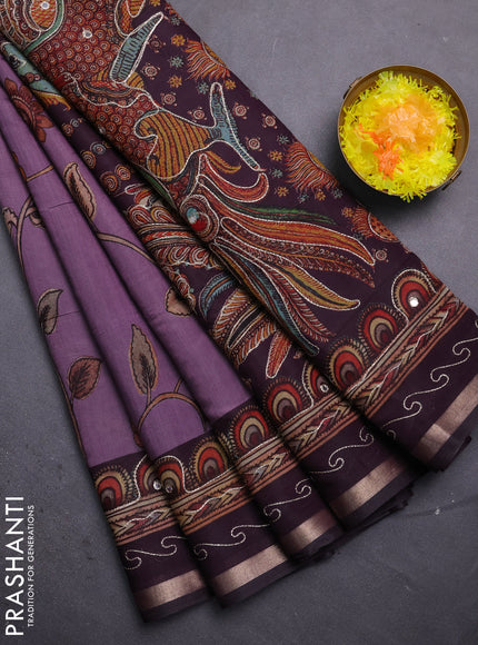 Semi maheshwari cotton saree pastel purple and jamun with allover prints & mirror embroidery work and mirror embroidery zari woven border