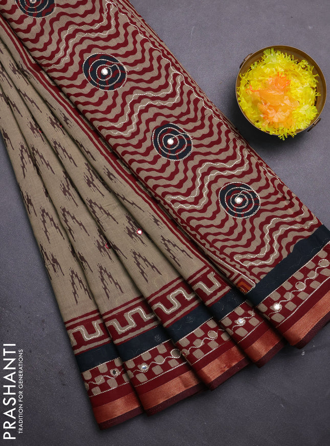 Semi maheshwari cotton saree chikku shade and maroon with allover ikat weaves & mirror work and mirror embroidery zari woven border
