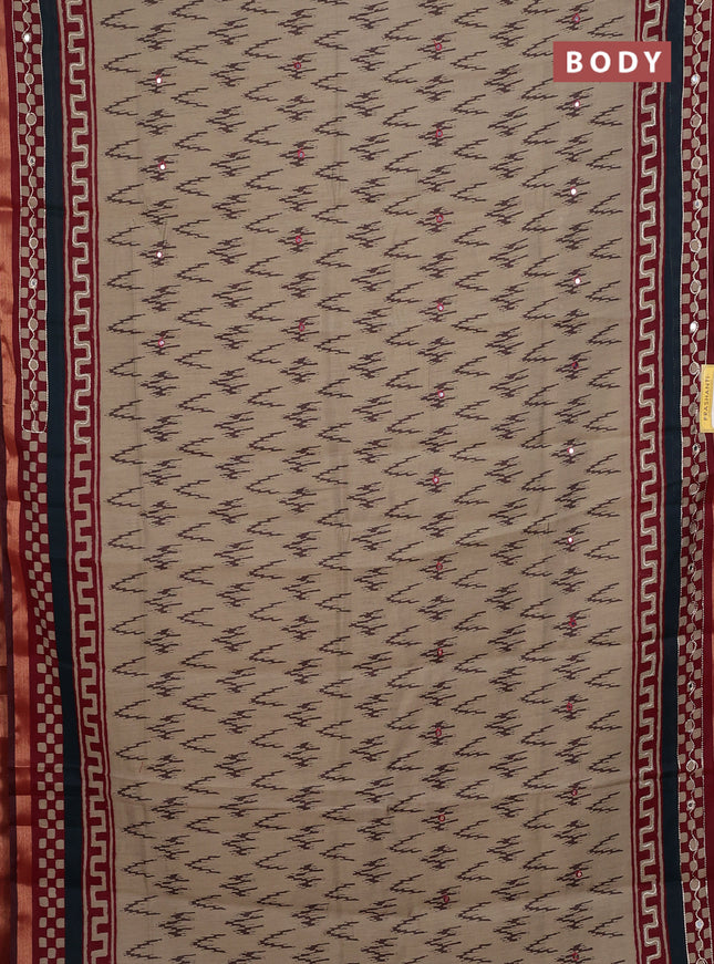 Semi maheshwari cotton saree chikku shade and maroon with allover ikat weaves & mirror work and mirror embroidery zari woven border