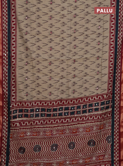 Semi maheshwari cotton saree chikku shade and maroon with allover ikat weaves & mirror work and mirror embroidery zari woven border