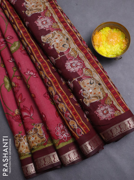 Semi maheshwari cotton saree mauve pink and deep maroon with allover pichwai embroidery work and zari woven border
