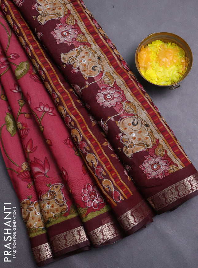 Semi maheshwari cotton saree mauve pink and deep maroon with allover pichwai embroidery work and zari woven border