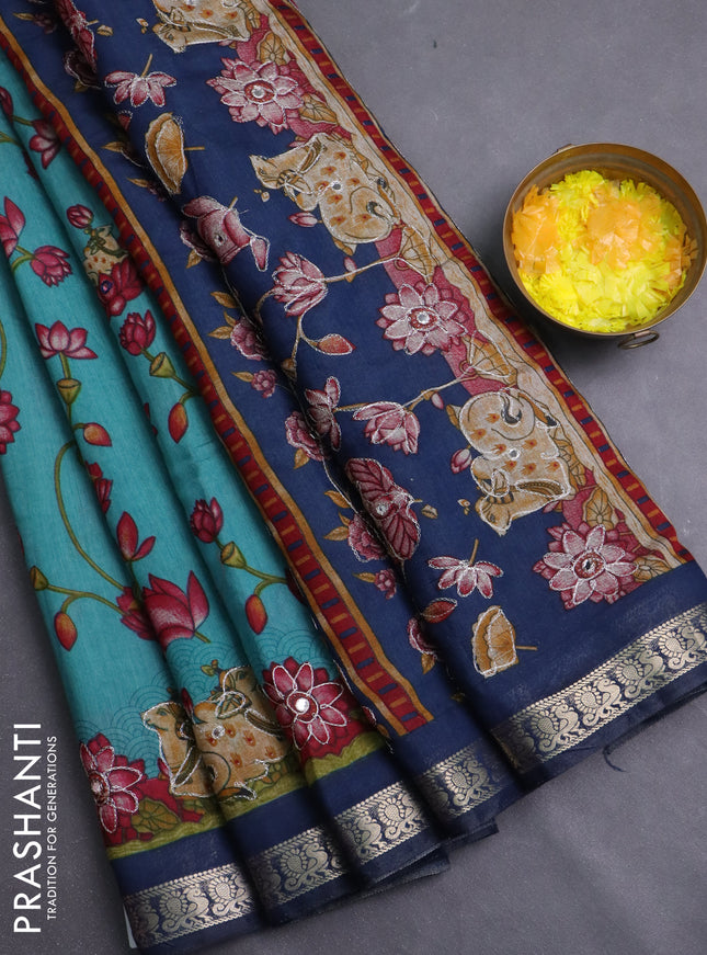 Semi maheshwari cotton saree teal shade and peacock blue with allover pichwai embroidery work and zari woven border