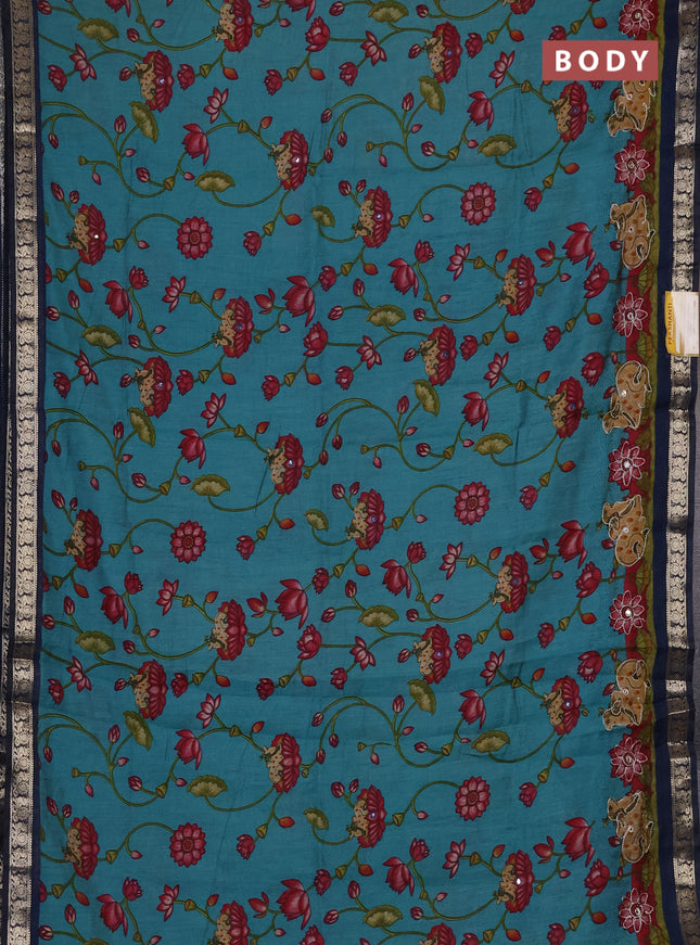 Semi maheshwari cotton saree teal shade and peacock blue with allover pichwai embroidery work and zari woven border