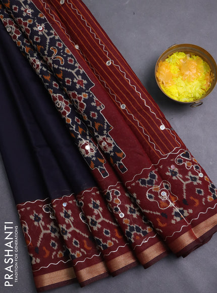 Semi maheshwari cotton saree black and maroon with mirror embroidery work and ikat woven mirror embroidery border