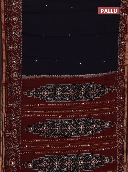 Semi maheshwari cotton saree black and maroon with mirror embroidery work and ikat woven mirror embroidery border