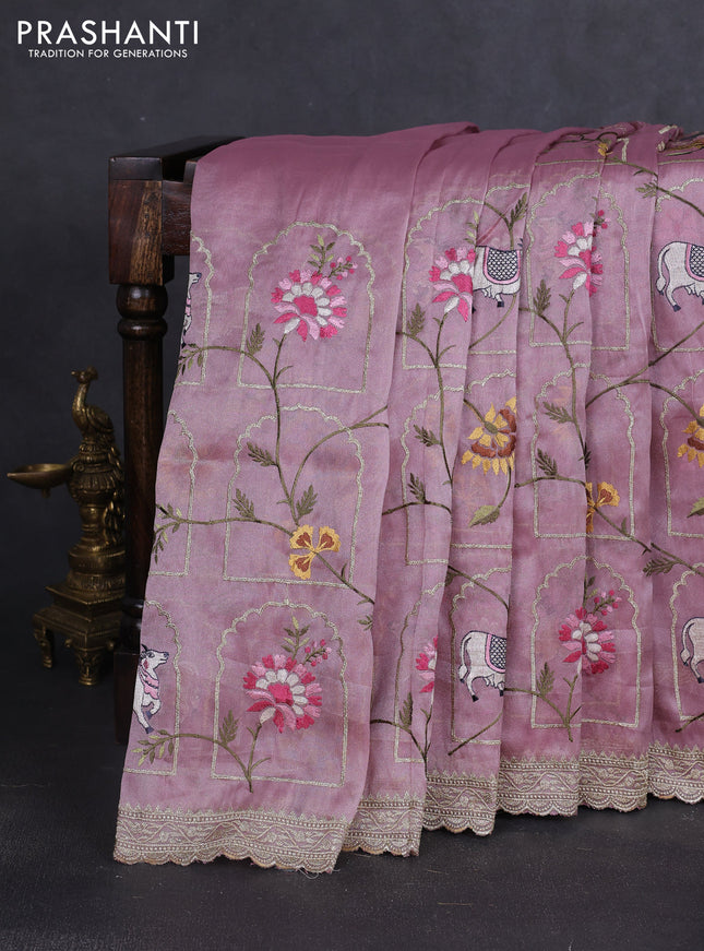 Tissue organza saree mauve pink with allover pichwai embroidery work