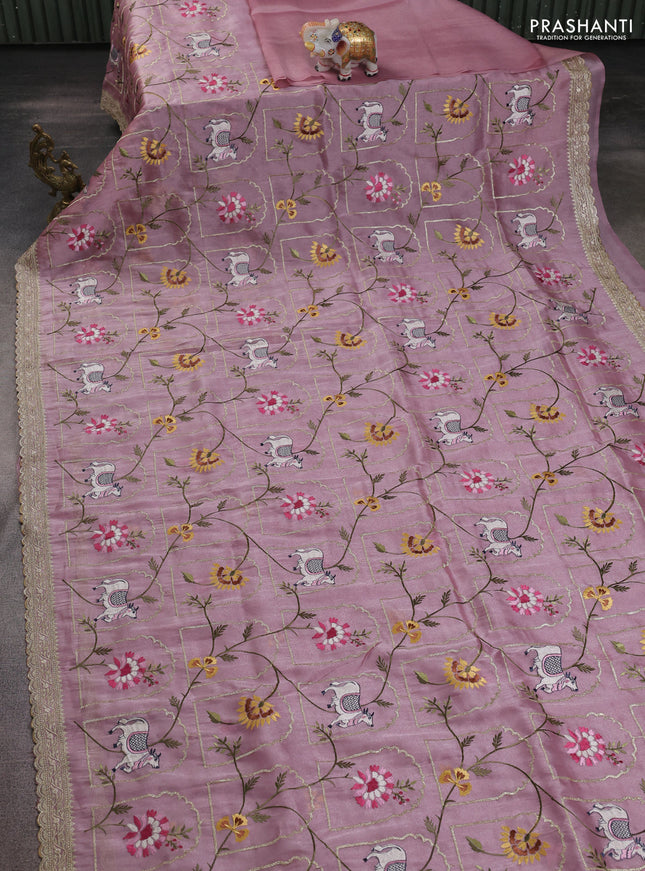 Tissue organza saree mauve pink with allover pichwai embroidery work