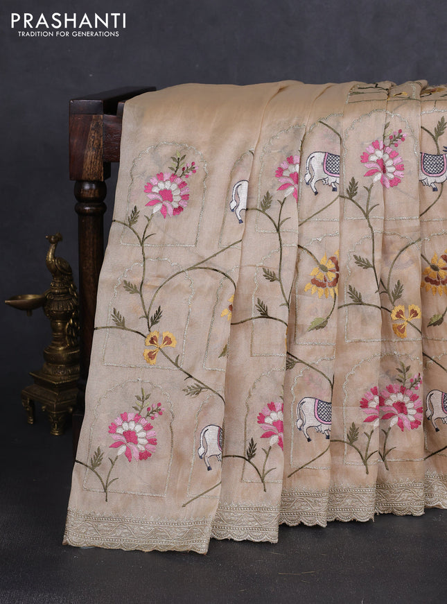 Tissue organza saree cream with allover pichwai embroidery work