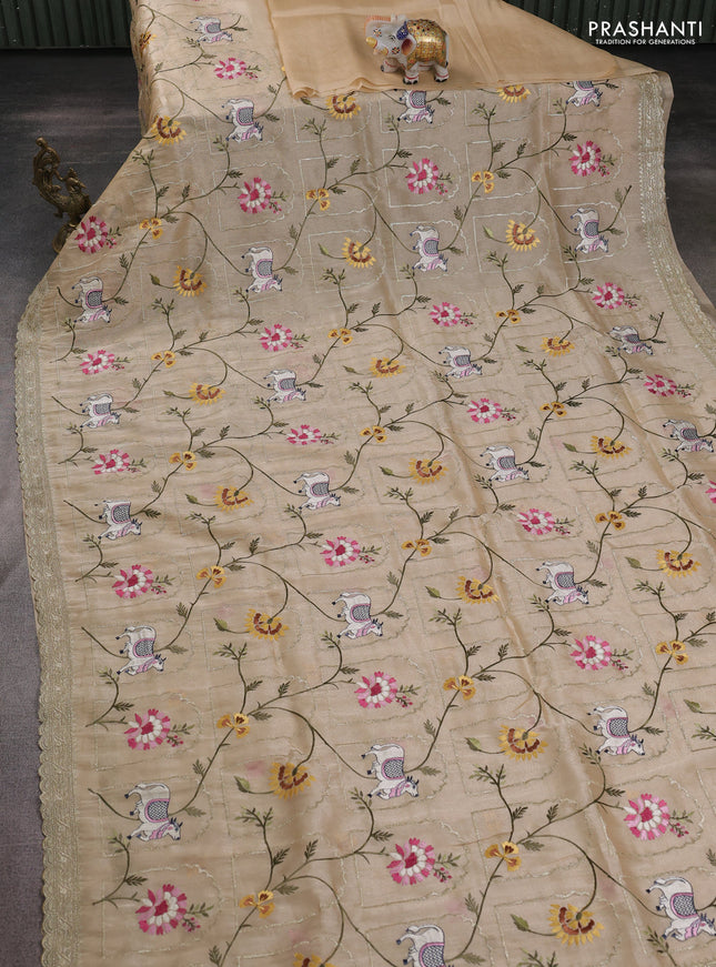 Tissue organza saree cream with allover pichwai embroidery work