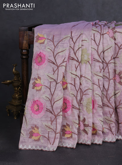 Tissue organza saree mild lavender with floral embroidery work