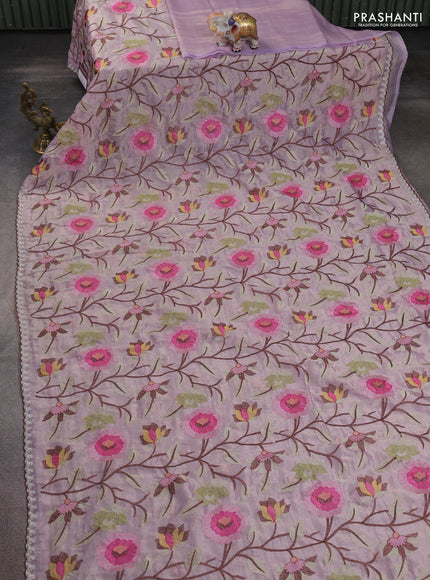 Tissue organza saree mild lavender with floral embroidery work