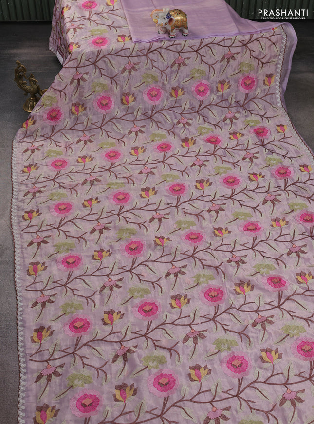 Tissue organza saree mild lavender with floral embroidery work