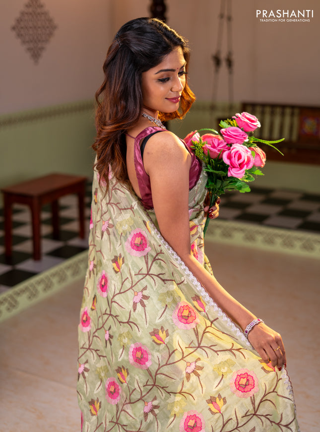 Tissue organza saree pista green with floral embroidery work