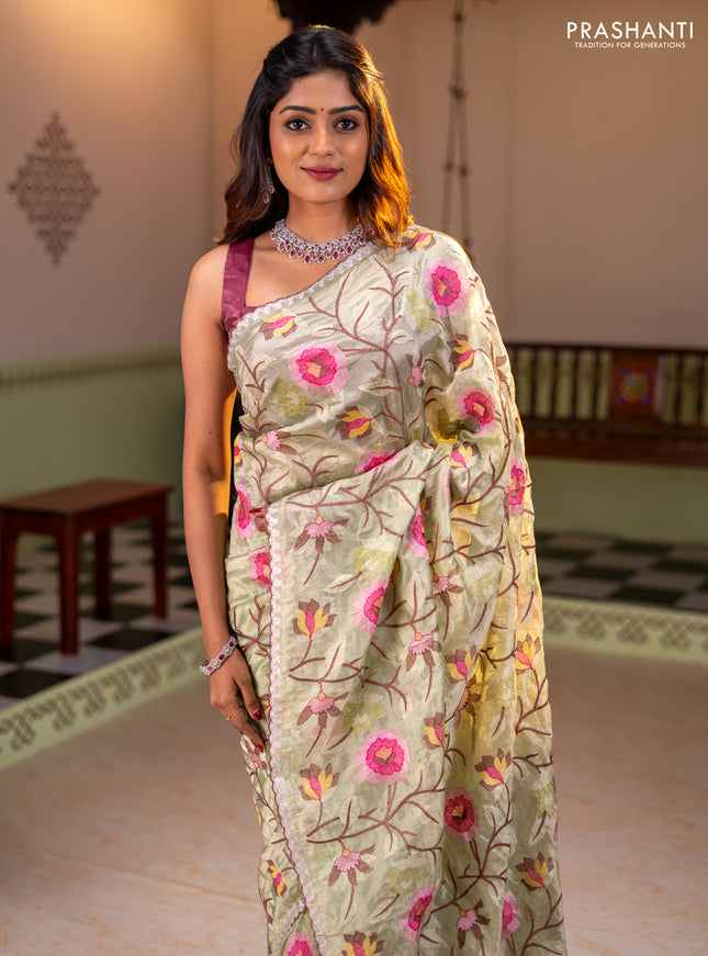 Tissue organza saree pista green with floral embroidery work
