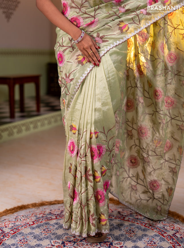 Tissue organza saree pista green with floral embroidery work