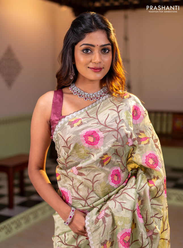 Tissue organza saree pista green with floral embroidery work
