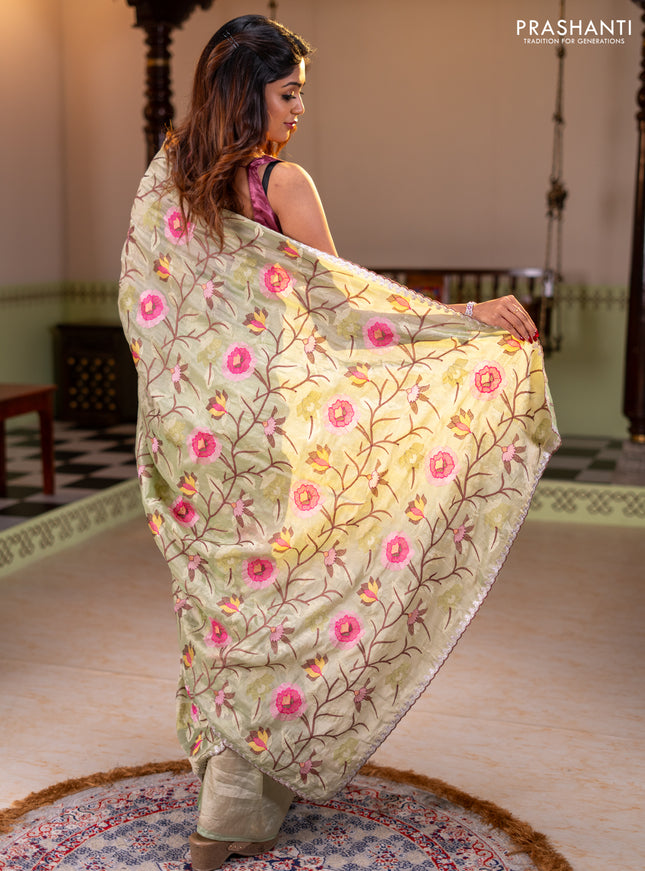 Tissue organza saree pista green with floral embroidery work