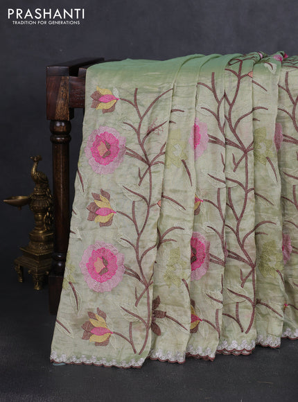 Tissue organza saree pista green with floral embroidery work