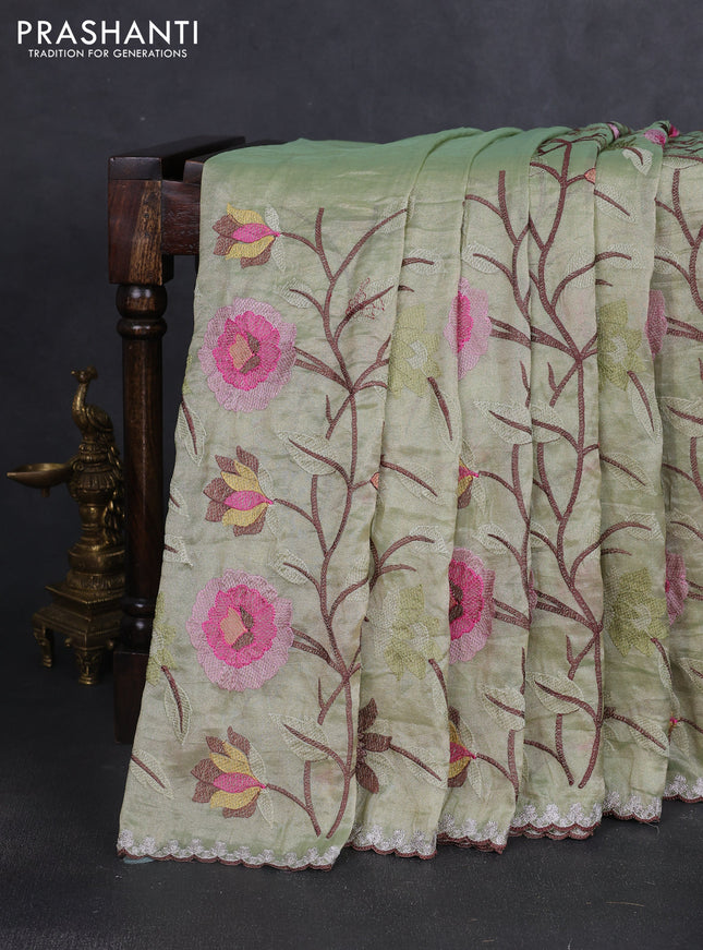 Tissue organza saree pista green with floral embroidery work