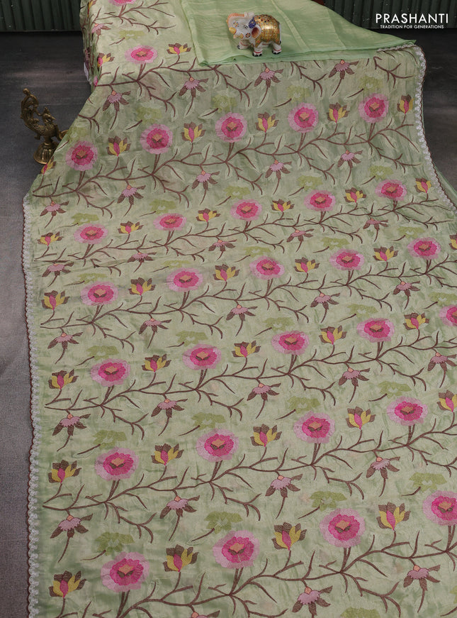 Tissue organza saree pista green with floral embroidery work
